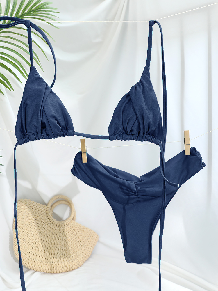 Sexy Folds Bikini Set Solid Mi - Thong Bikini Women 评论和价格