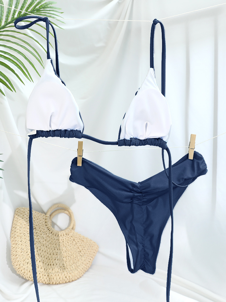Sexy Folds Bikini Set Solid Mi - Thong Bikini Women 评论和价格