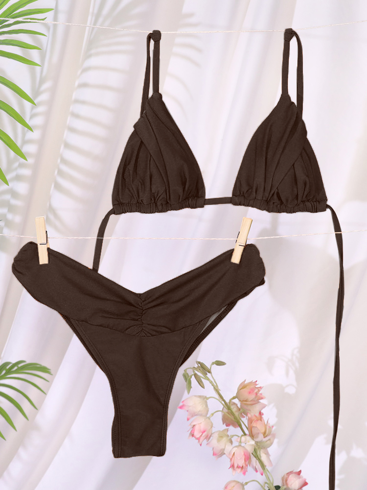 Sexy Folds Bikini Set Solid Mi - Thong Bikini Women 评论和价格