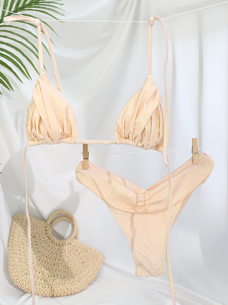 Sexy Folds Bikini Set Solid Mi - Thong Bikini Women 评论和价格