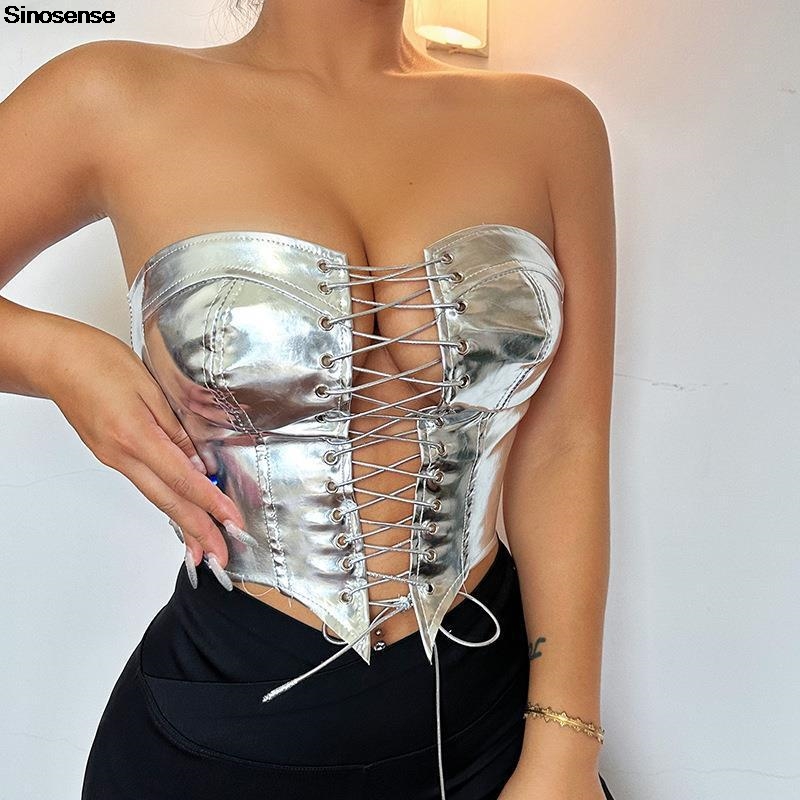 Women PU Leather Bustier Crop  - Strapless Bra Backless 评论和价格